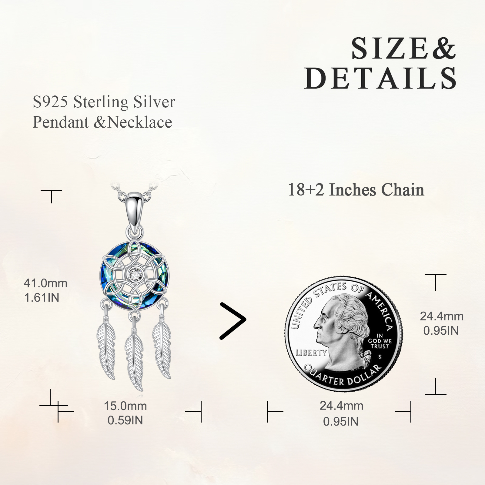Dream Catcher Pendant Necklace, 925 Sterling Silver Feather Design